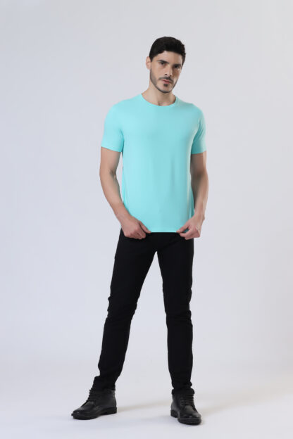 Half Sleeve Round Neck T Shirts For Men - Aqua - Image 3