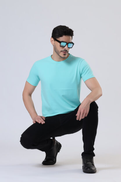 Half Sleeve Round Neck T Shirts For Men - Aqua - Image 4
