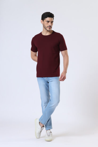 Half Sleeve Round T Shirt For Men - Deep Wine - Image 2