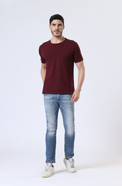 Half Sleeve Round Neck T Shirts For Men - Deep Wine - Image 3