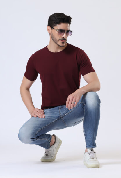 Half Sleeve Round Neck T Shirts For Men - Deep Wine - Image 6