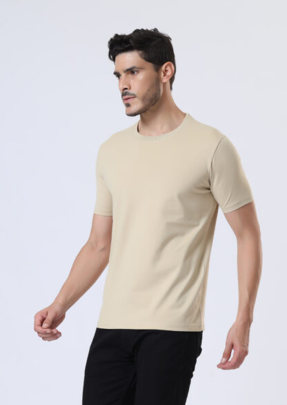 Half Sleeve Round T Shirt For Men - Light Beige - Image 4