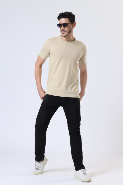 Half Sleeve Round T Shirt For Men - Light Beige - Image 6