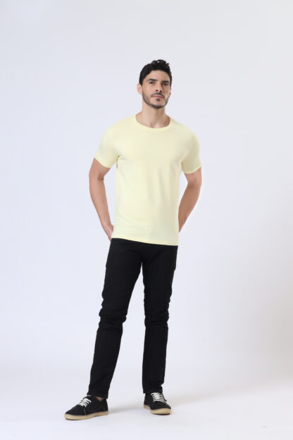 Half Sleeve Round Neck T Shirts For Men - Light Yellow - Image 3