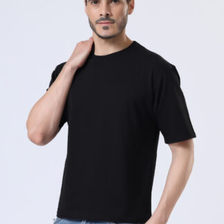 Looper Drop Shoulder Half Sleeve Round Neck T Shirts For Men - Yet Black