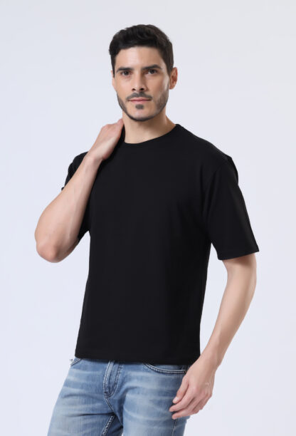 Looper Drop Shoulder Half Sleeve Round Neck T Shirts For Men - Yet Black
