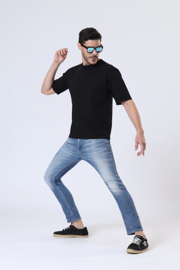 Looper Drop Shoulder Half Sleeve Round Neck T Shirts For Men - Yet Black - Image 6